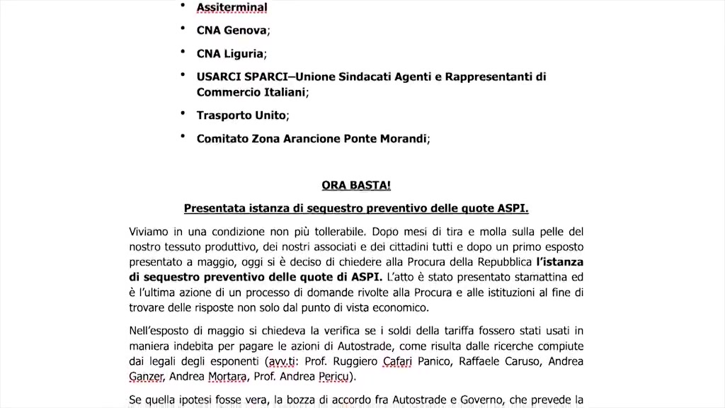 Le associazioni liguri contro Autostrade, in Procura l'istanza di sequestro preventivo delle quote di Aspi